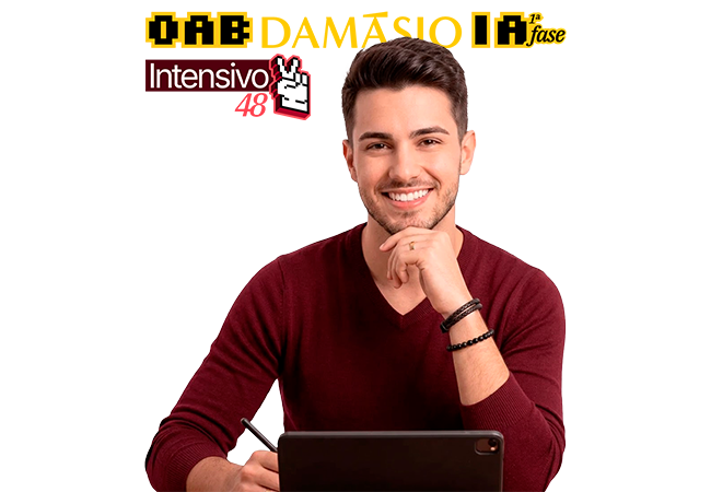 Estudante de direito, estudando para 1ª fase do exame da ordem com OAB Damásio IA