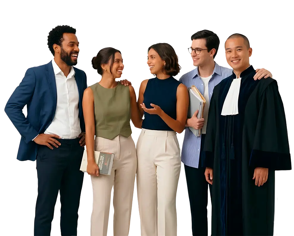 Grupo de brasileiros, alunos de direito, felizes interagindo, sorridentes porque conseguiram desconto para estudar no Damásio.