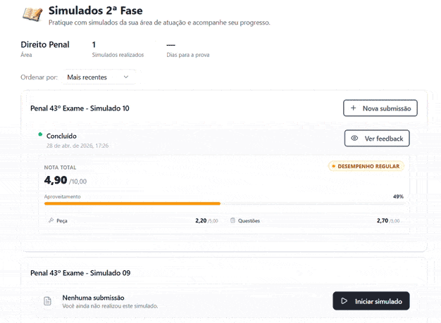 Gif animado com o feedback de um simulado na plataforma OAB Damásio IA