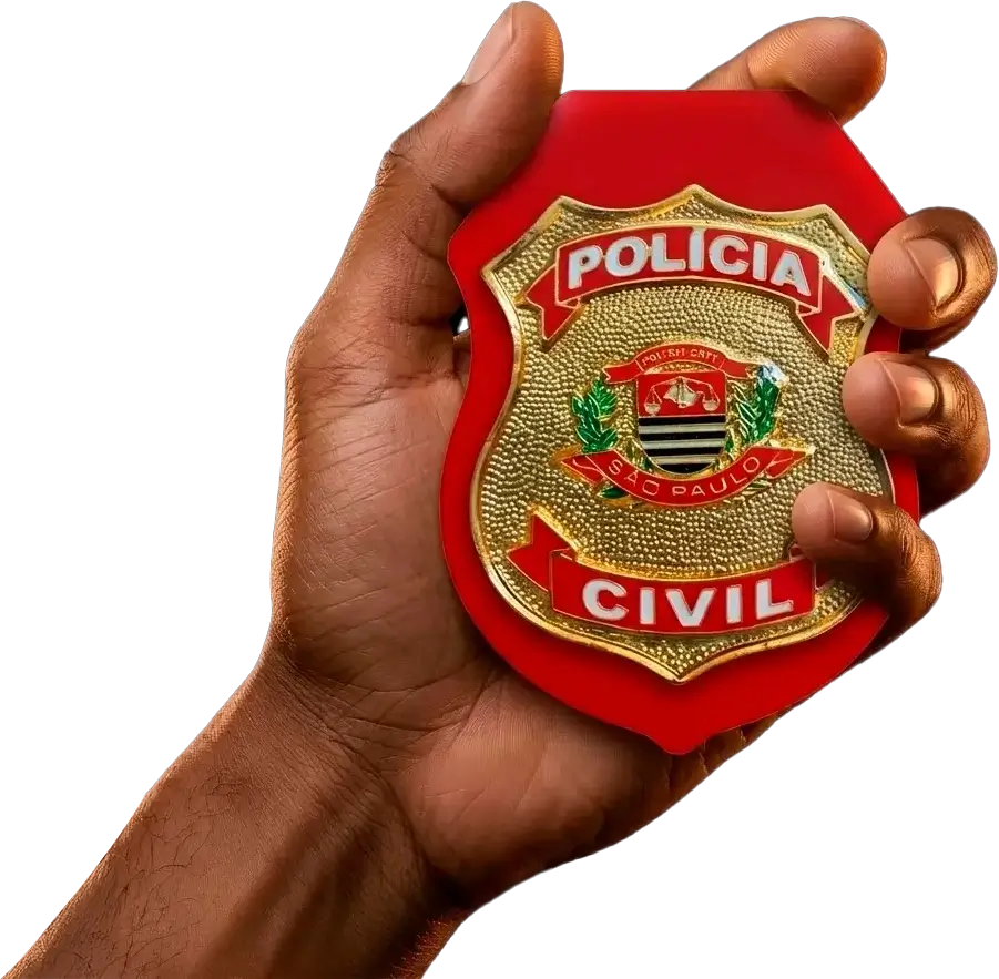 Mão segurando um distintivo da polícia civil.