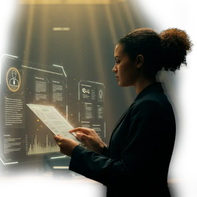 Mulher da área do direito, vestindo blazer azul marinho e controlando os afazeres com alta tecnologia e conhecimento do mercado jurídico.